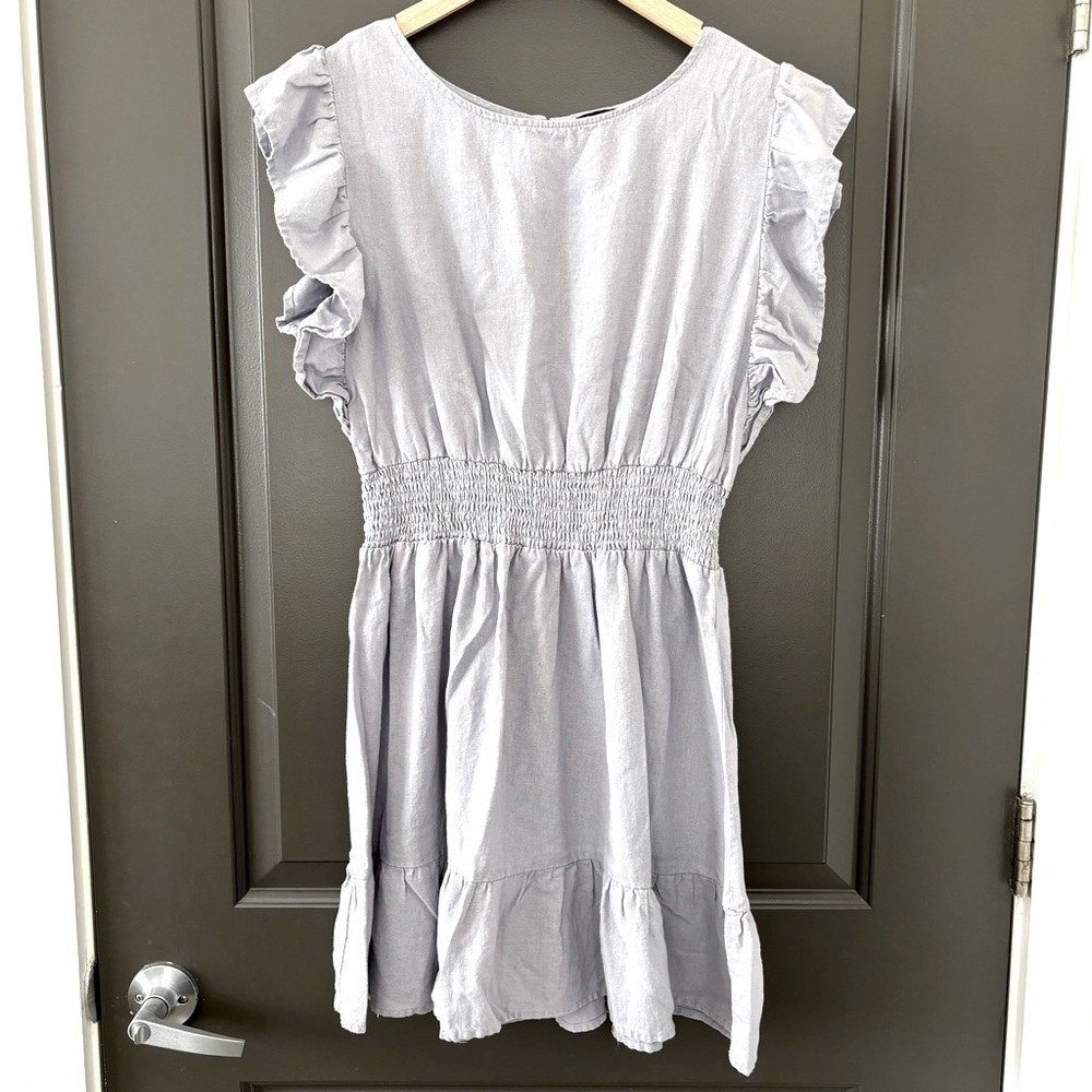 Nicole Miller Linen Lavender Ruffled Sleeveless Cinched Smocked Mini Dress S - Picture 2 of 8